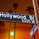 Hollywood Boulevard sign with palm trees and a sunset in the background