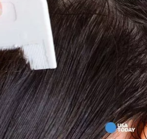 Close up of a comb going through hair inspecting for lice