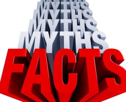 The word "myths" stacked five times on top of the word "facts"
